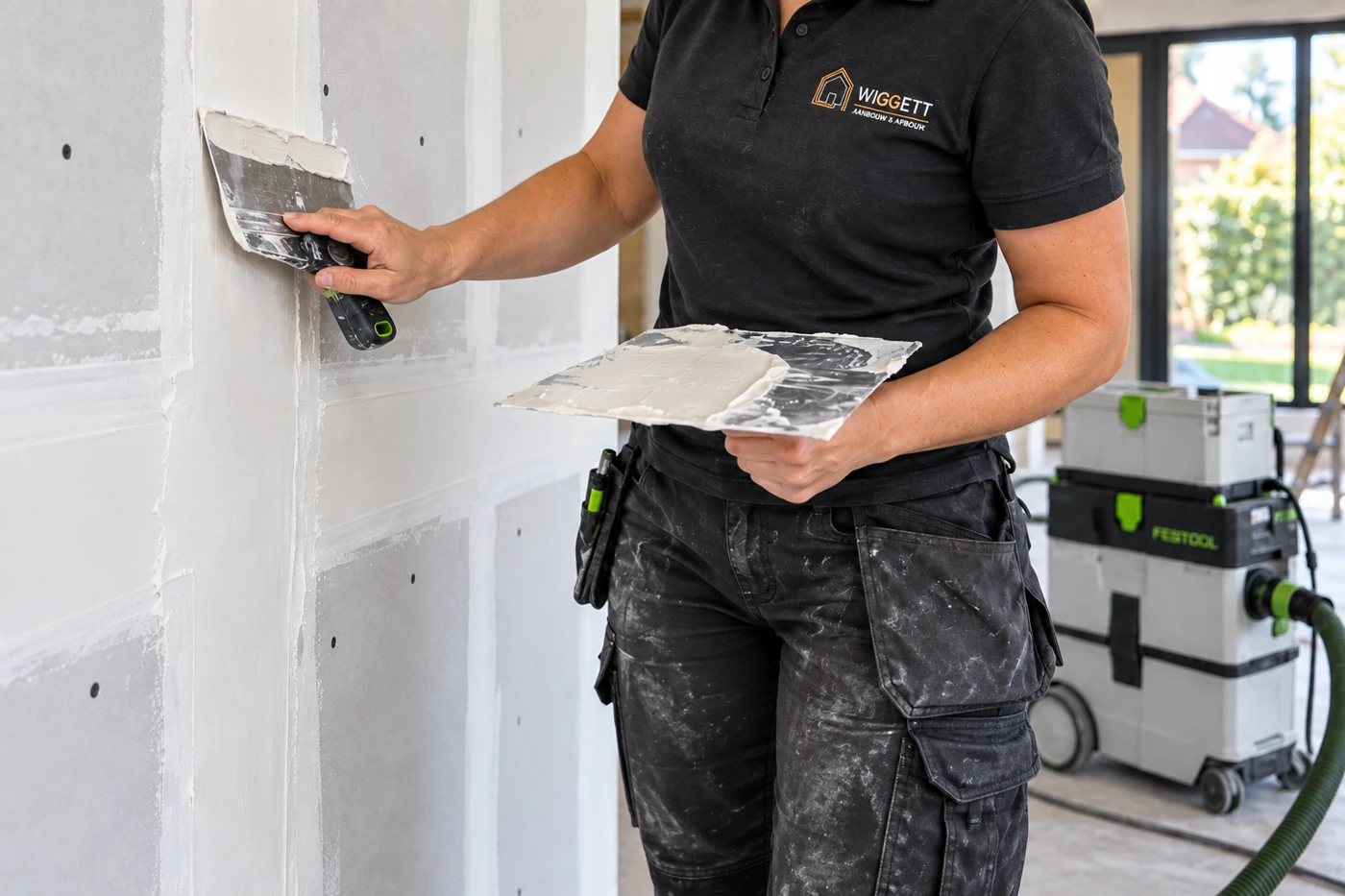 Vakman werkt een gyprocwand af in een verzorgde renovatieruimte