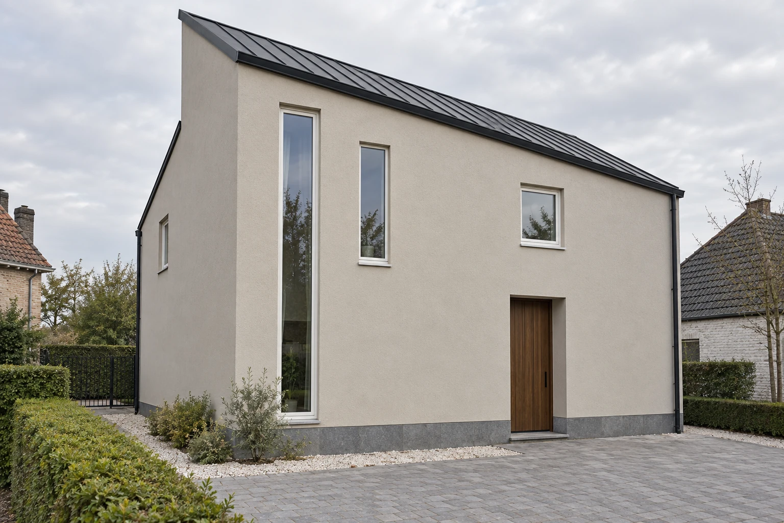Greige crepi bij een woning met lessenaarsdak