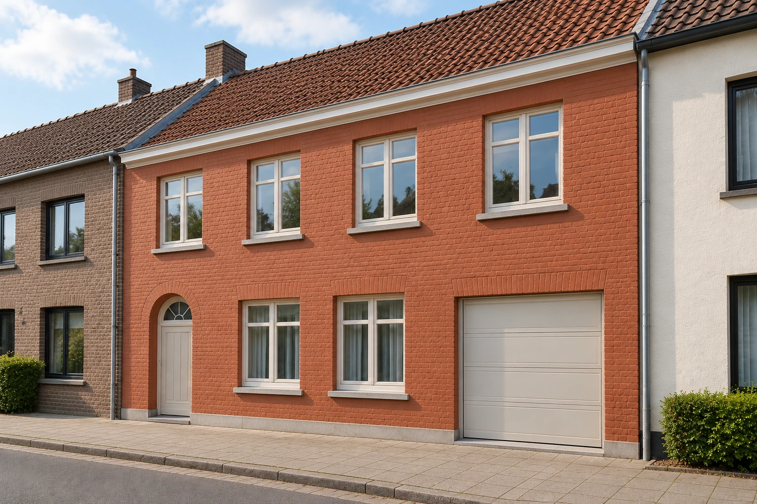 Terracotta gevel aan een brede rijwoning