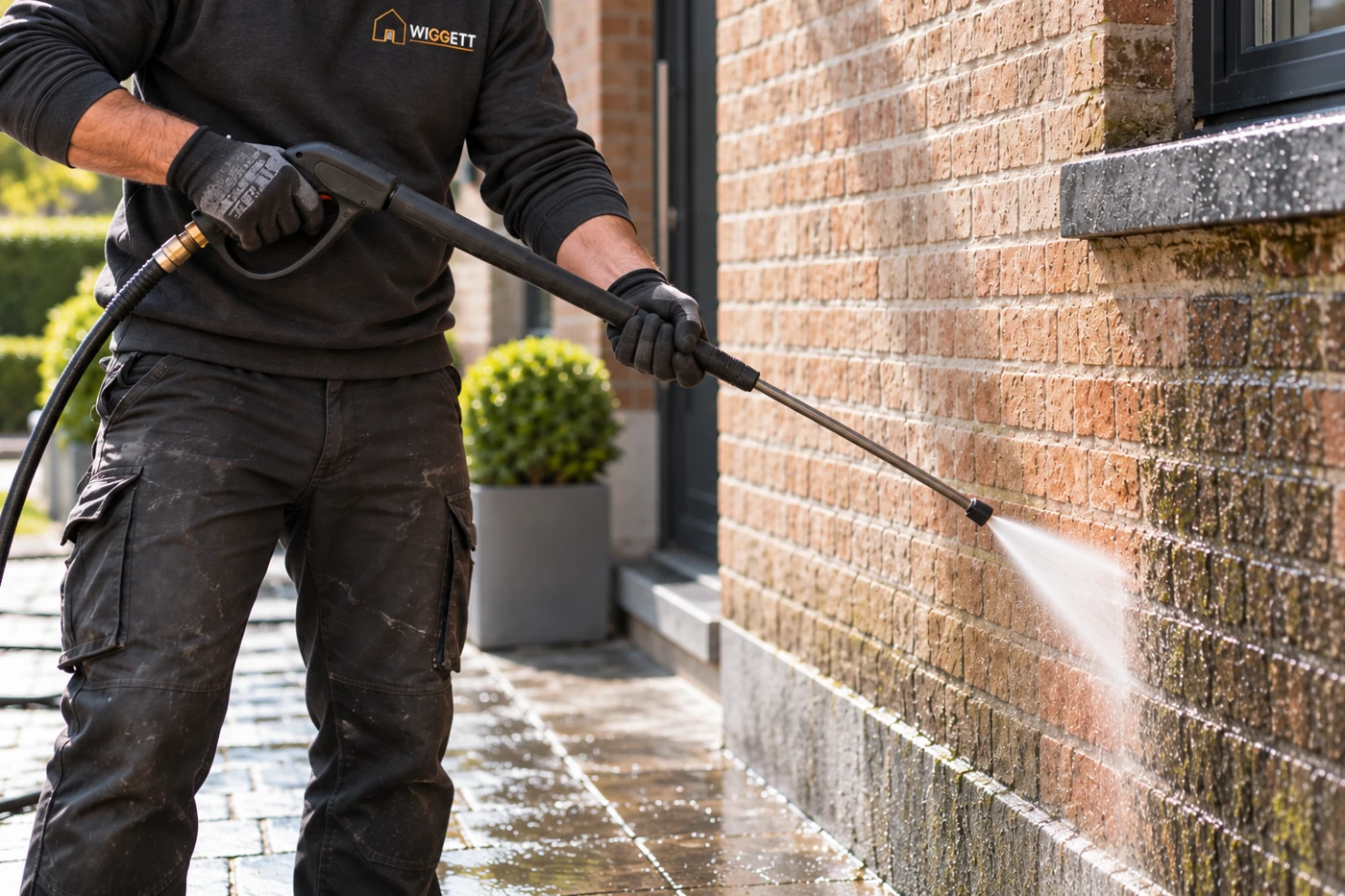 Vakman reinigt een bakstenen gevel met passend materieel