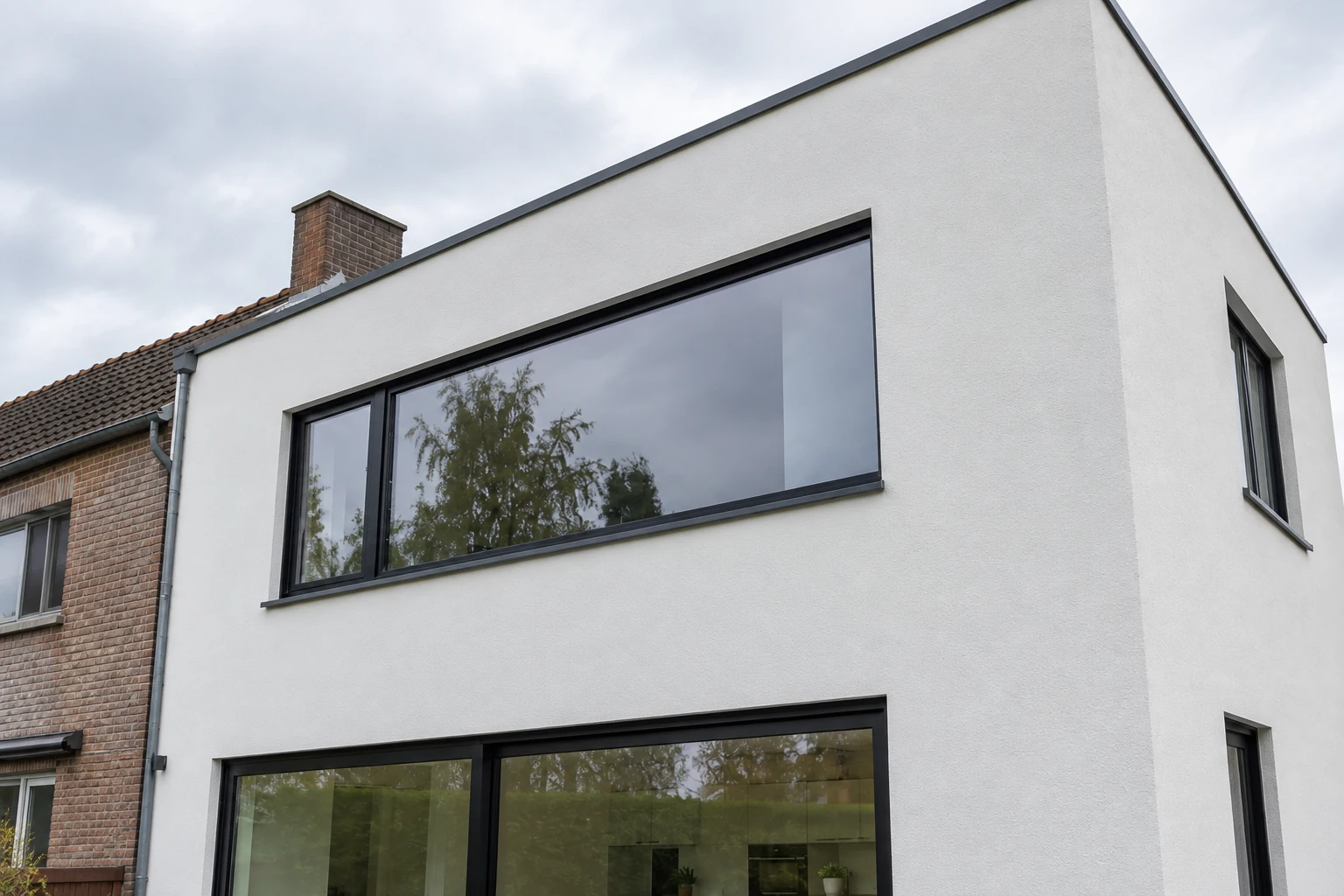 Witte crepi aan een moderne bijbouw