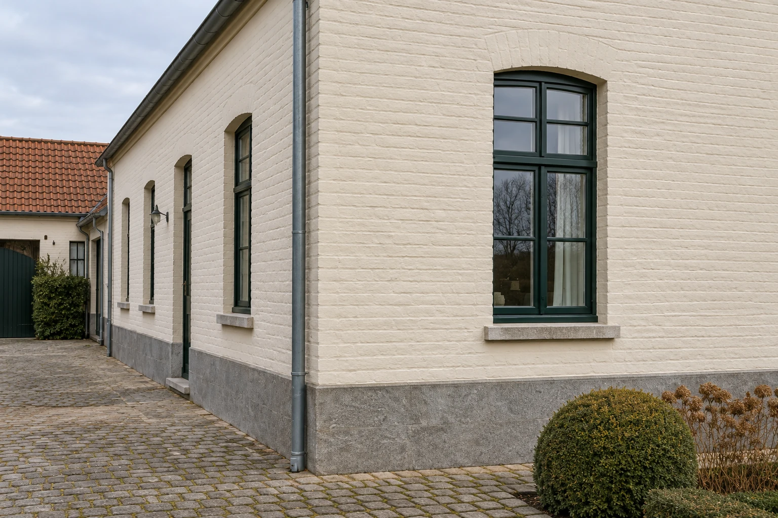 Ivoorkleurige kalei bij een landelijke woning