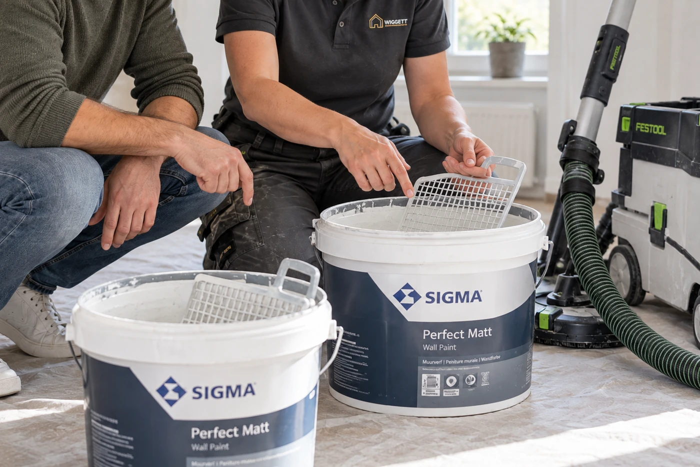 Vakman bespreekt schildermateriaal en gereedschap met een bewoner