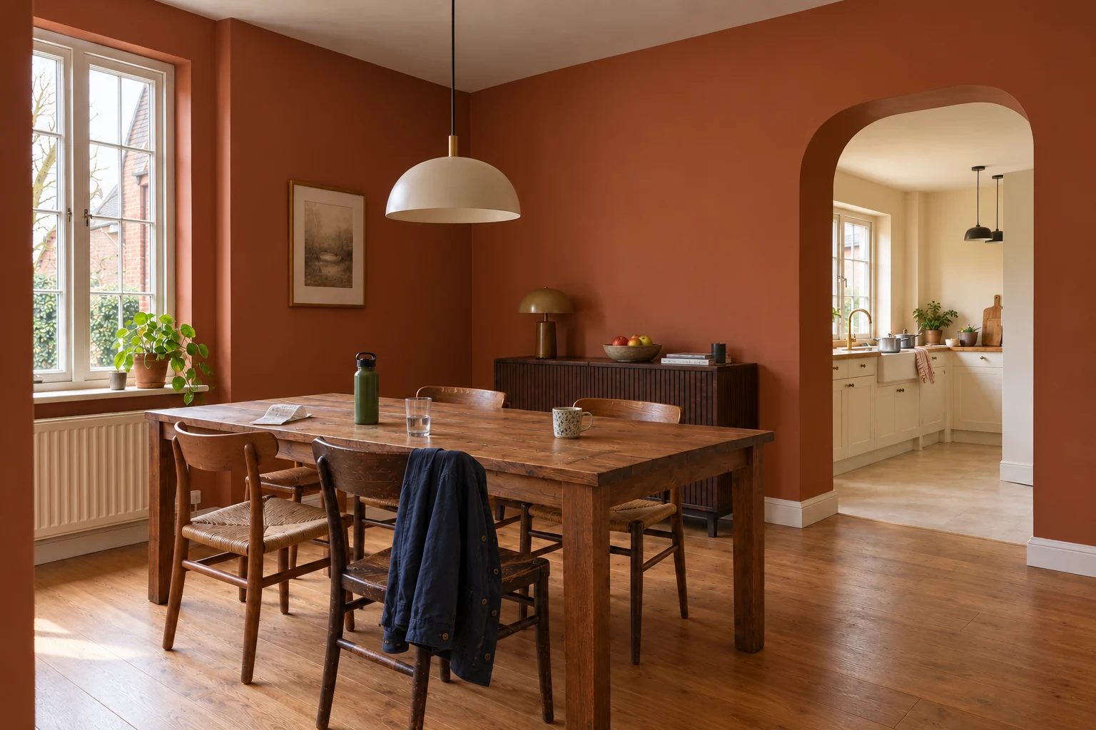 Terracotta schilderwerk in een eetruimte