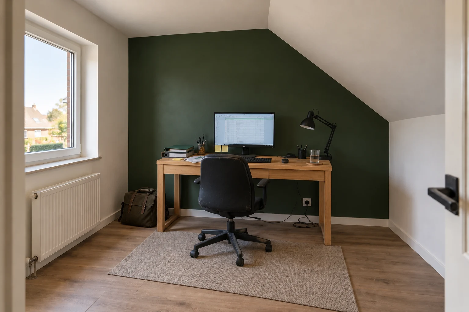 Bosgroen schilderwerk in een thuiskantoor